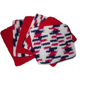 (6) Handmade Crocheted Dishcloths Washcloths 100% Cotton 8" x 8" Red White Blue
